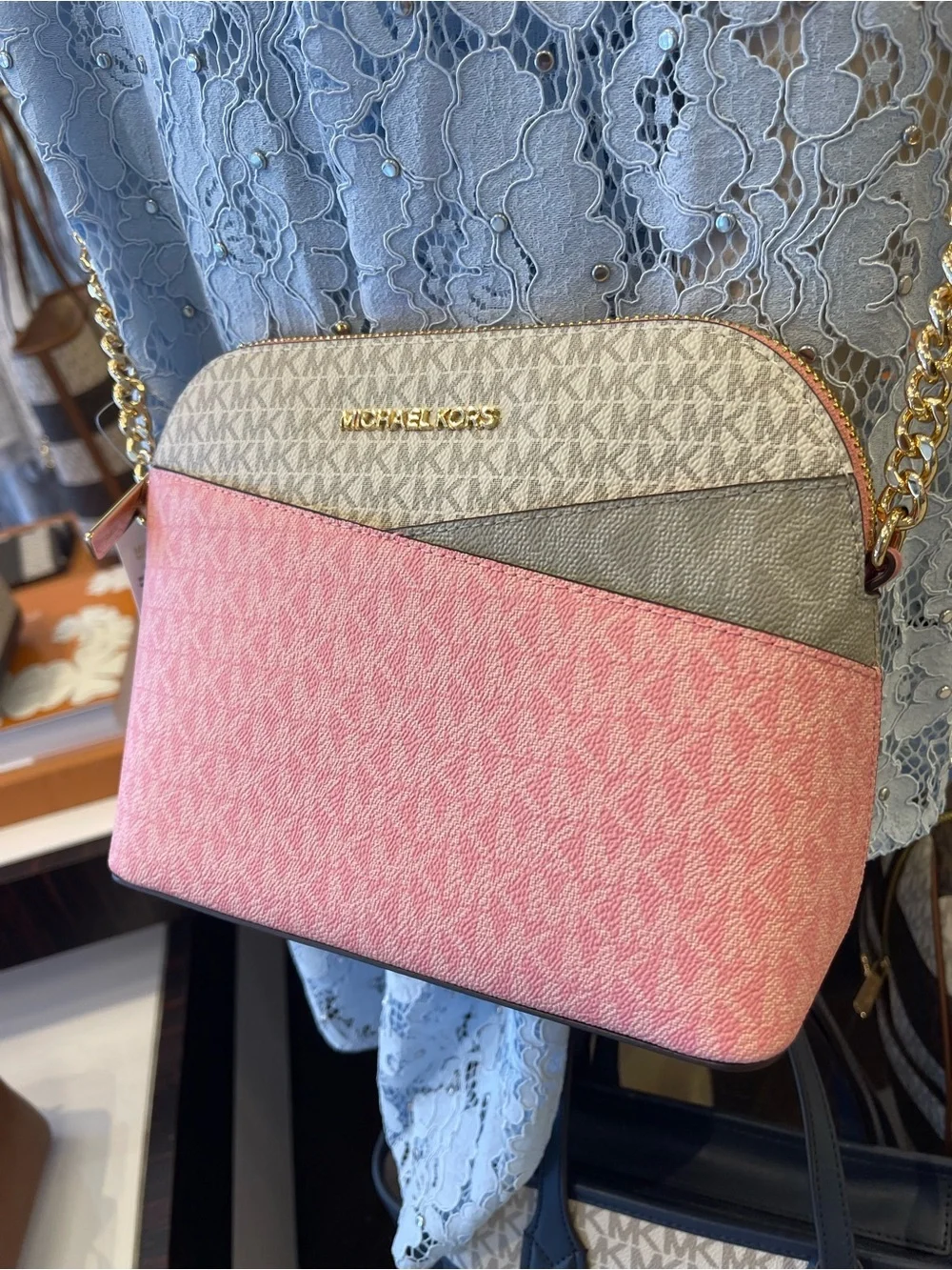 MICHAEL KORS JST Md Dome Color-Block Signature Logo Crossbody Bag Carnation NWT
